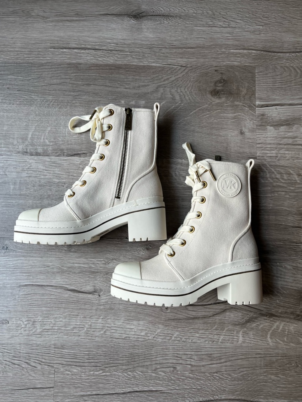 Michael Kors Ivory Canvas Lug-Heel Combat Boots